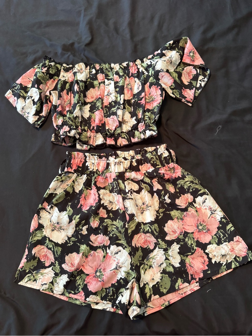 SHEIN Black Floral Off-Shoulder Top & Shorts Set